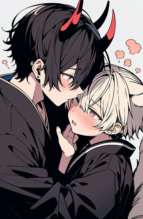 4k、ultra-detailliert、Official art、(((Man to man、Two men、Men with a normal body type、Next to him、steam、muscular man with perfect big horns、perfect eyes)))、geisha、Hands gripping the waist、Trance、cum on、Black-haired and blonde、Two men diametrically opposed、Two people laughing、stare at each other、stroking the head、animal ear、Animal tail、Kimono、Men with broad shoulders、Tight Fit Undershirt、Hugging the waist、Kissing between men、put out the tongue、red blush、perspiring、Troubled face、Sleep in bed、