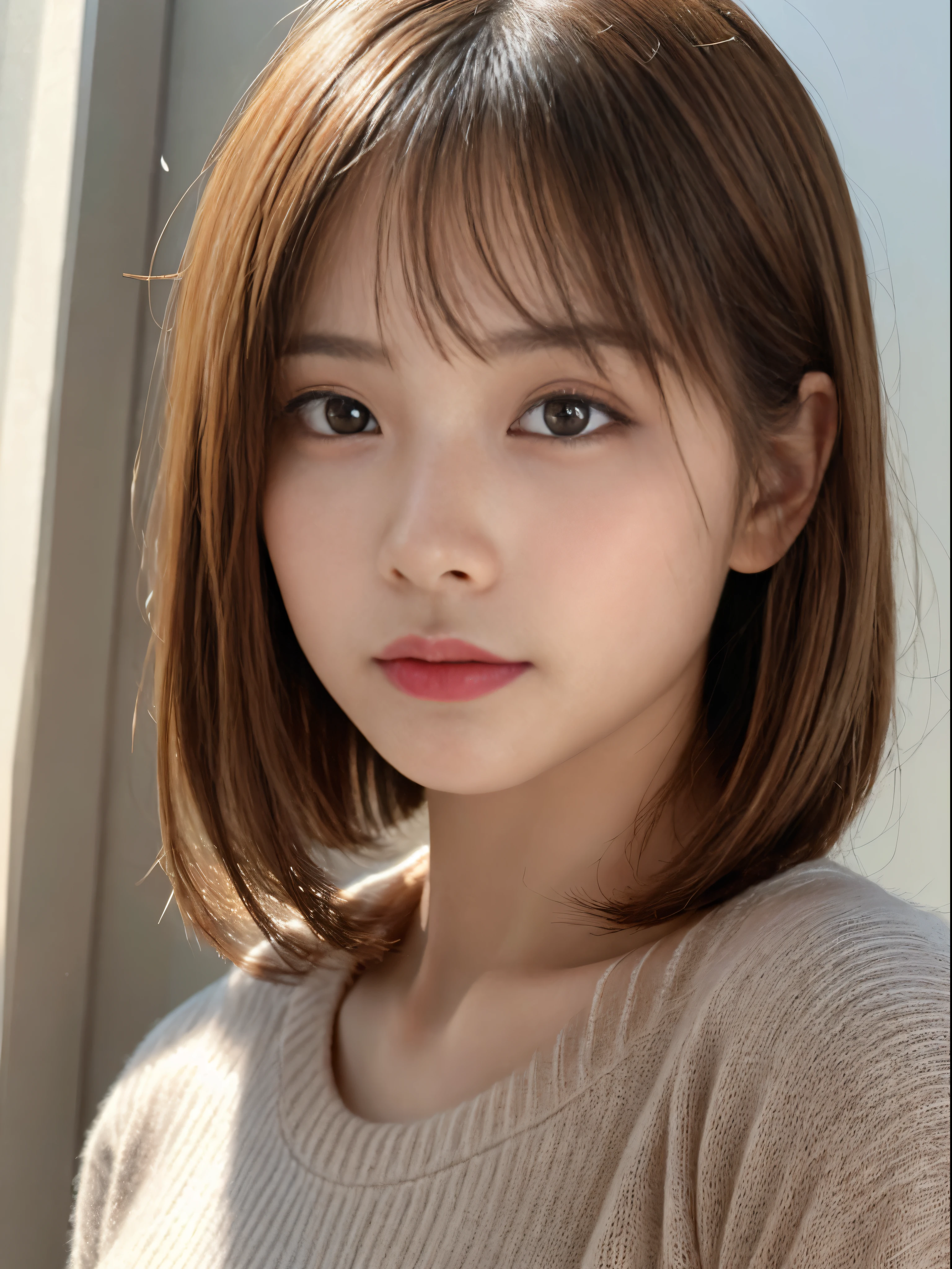 ((NSFW))、(masterpiece:1.5)、(8K)、(Photorealsitic:1.5)、Raw photography、(Top image quality:1.4)、(foco nítido:1.5)、
top-quality、masterpiece、超A high resolution、Perfect dynamic composition、
20 years old、slender、prety woman:1.4、serious facial expression、
In the living room where the morning sun shines、
light brown hair、bob cuts、Glowing hair、
Super Detail Face、A detailed eye、二重まぶた、
Natural Color Lip、Transparent skin、
