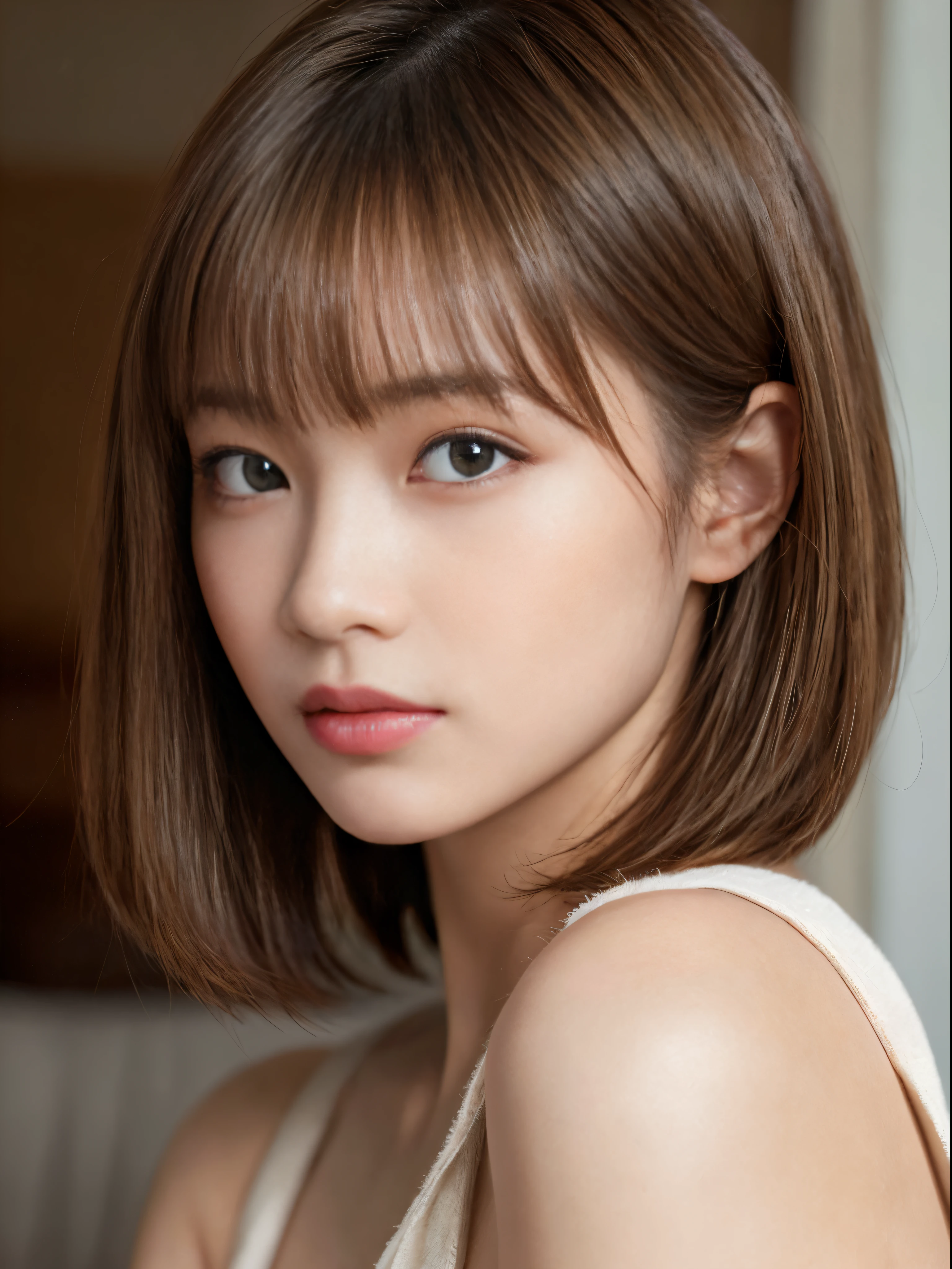 ((NSFW))、(masterpiece:1.5)、(8K)、(Photorealsitic:1.5)、Raw photography、(Top image quality:1.4)、(foco nítido:1.5)、
top-quality、masterpiece、超A high resolution、Perfect dynamic composition、
20 years old、slender、prety woman:1.4、serious facial expression、
In the living room where the morning sun shines、
light brown hair、bob cuts、Glowing hair、
Super Detail Face、A detailed eye、二重まぶた、
Natural Color Lip、Transparent skin、