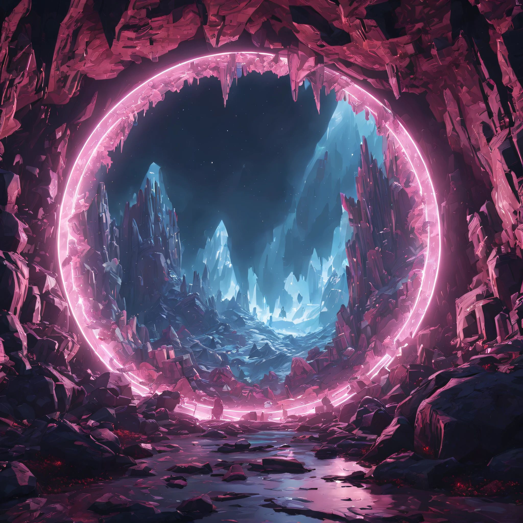 (by Alena Aenami:1.2), (Crystal Caves:1.2), (big metal circle), ultra-wide-angle, octane render, enhance, intricate, (best quality, masterpiece, Representative work, official art, Professional, unity 8k wallpaper:1.3), 3D ultra-detailed, Behance 3D Art Trends,