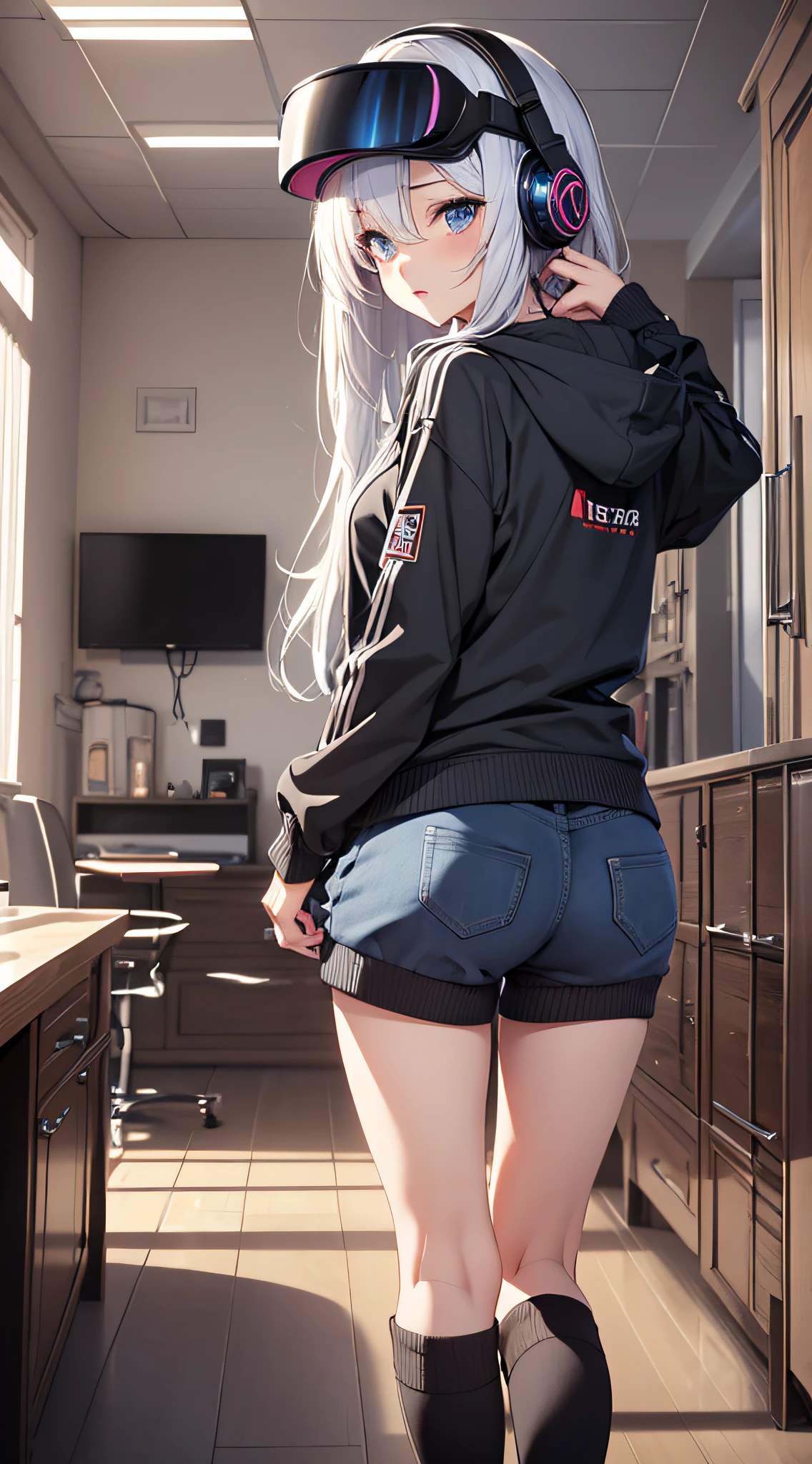 top-quality、Top image quality、masterpiece、s girl((Blue Hoodie、black trousers、18year old、 Ager、Best Bust、big bast,Beautiful light blue eyes, Long silver hair、A slender,Large valleys、Reflecting the whole body、Leaning forward、Attach the VR visor to your eyes、I have a VR stick controller、Frightened face)),hiquality、Beautiful Art、Background with(( Gaming Room)))、masutepiece、depth of fields,
