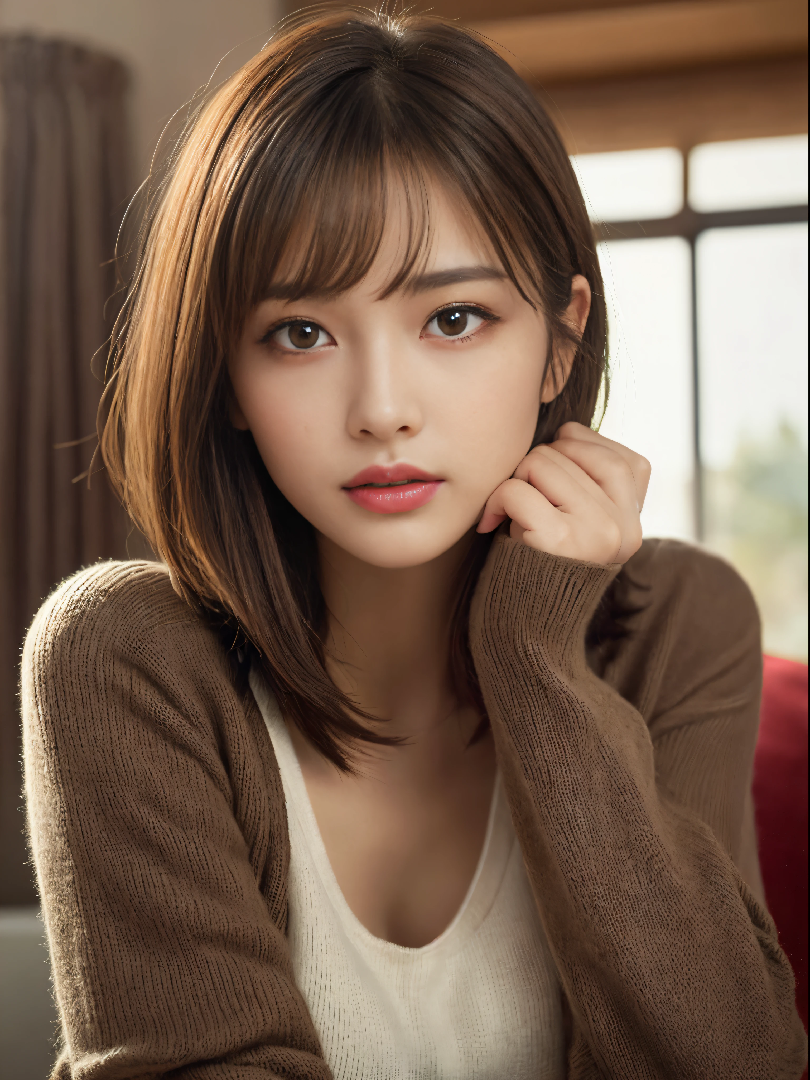 ((NSFW))、(masterpiece:1.5)、(8K)、(Photorealsitic:1.5)、Raw photography、(Top image quality:1.4)、(foco nítido:1.5)、
top-quality、masterpiece、超A high resolution、Perfect dynamic composition、
20 years old、slender、prety woman:1.4、serious facial expression、
In the living room where the morning sun shines、
Wearing black knitwear、
light brown hair、bob cuts、Glowing hair、
Super Detail Face、A detailed eye、二重まぶた、
Natural Color Lip、Transparent skin、
