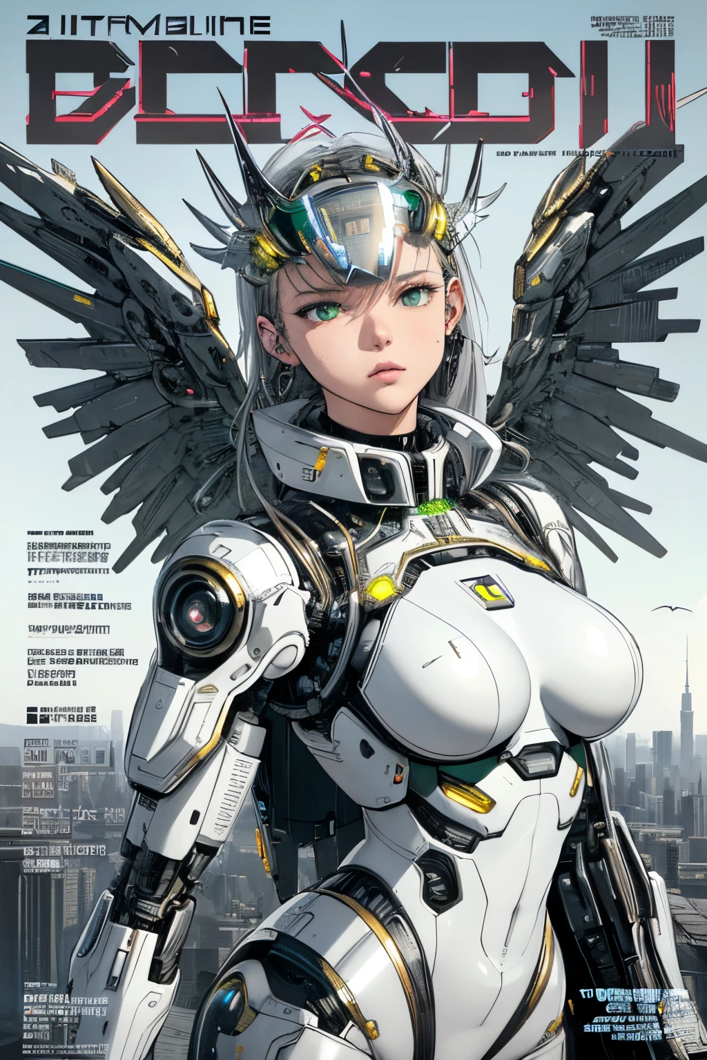 masterpiece, (best quality), (ultra-detailed), (ultra-realistic:1.2), landscape, sci-fi, transistorpunk, cyberpunk, biopunk, (magazine cover:1.4), (gray, white), female huge robot, visor, earring, mechanical angel wings on the back, angel wings, future town, dynamic pose, dynamic angle, small breasts, luxury, (gold, silver, green), neon