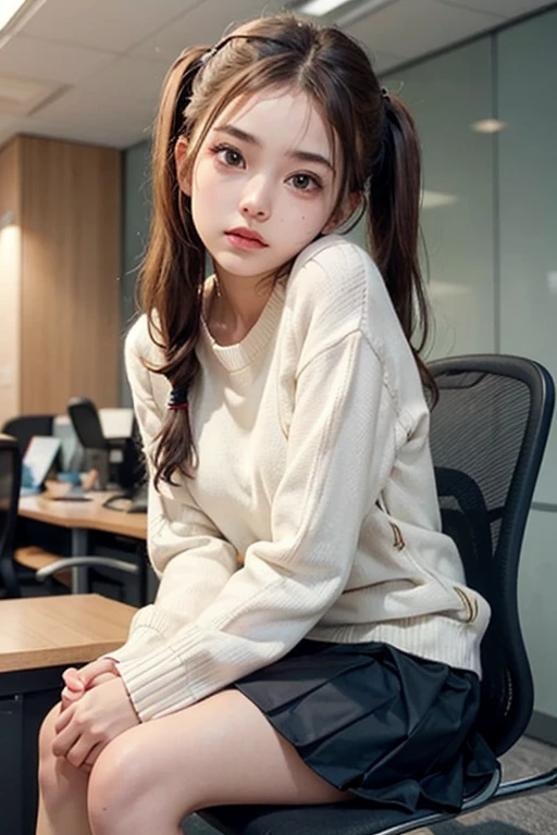 from front, white sweater, both hands on clothes, angle front, ooking at the camera, cute girl, brown hair, twin tails, small breasts, pleated skirt, sitting in a chair, upward glance, sulky, crossed arms, IT companies office