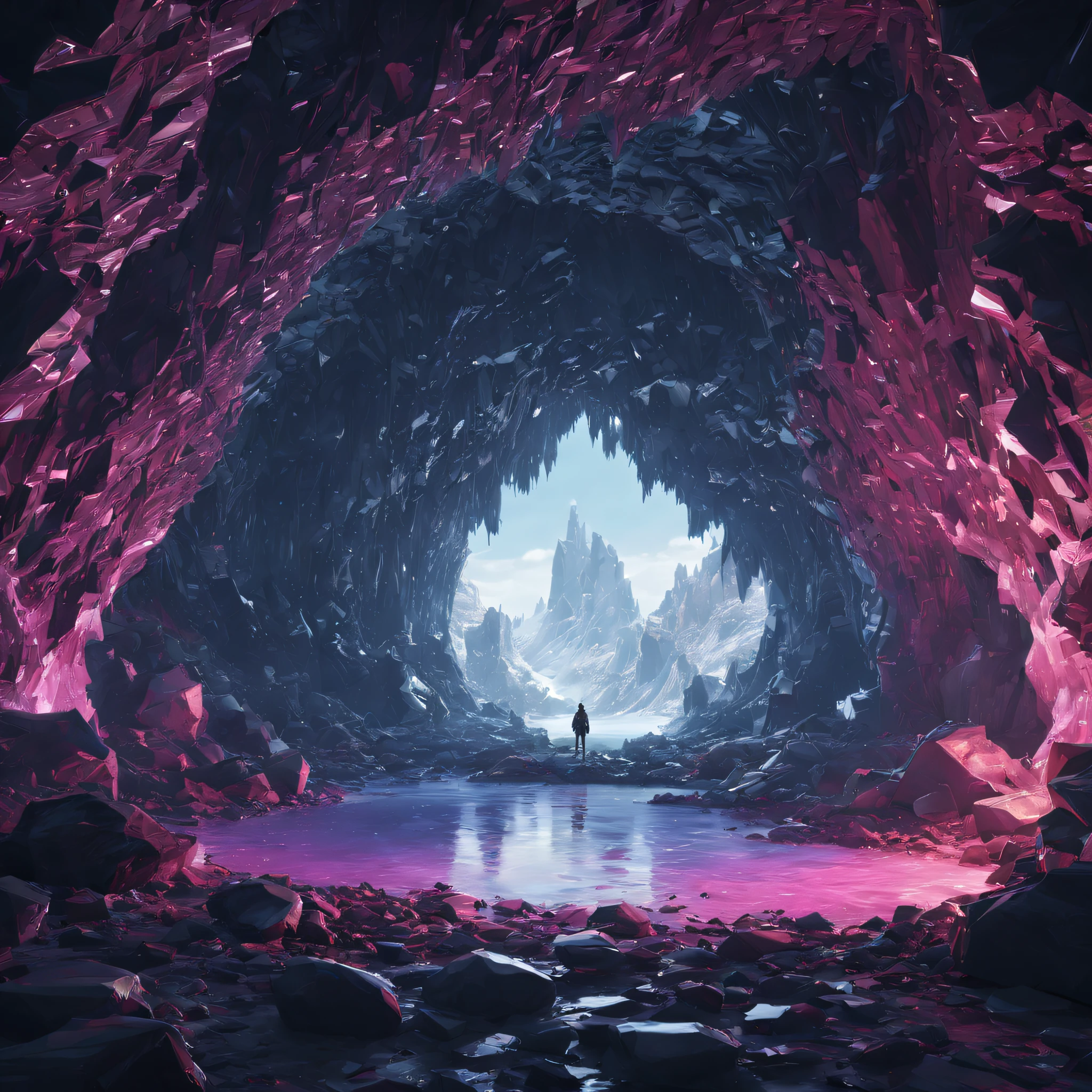 (by Alena Aenami:1.2), (Crystal Caves:1.2), (big metal circle), ultra-wide-angle, octane render, enhance, intricate, (best quality, masterpiece, Representative work, official art, Professional, unity 8k wallpaper:1.3), 3D ultra-detailed, Behance 3D Art Trends,