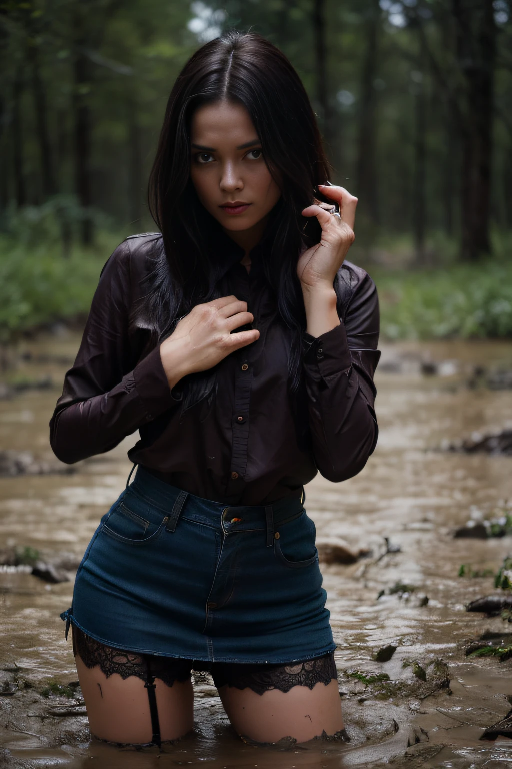 (Best Quality,hight resolution:1.2),The woman,Expressive wrinkles,Bob haircut,jeans skirt,blouse,(dark lace stockings with garters), ( drowning in a swamp:1.2),Detailed eyes and face,expression of despair,Dark and moody lighting,ominous vibe,desperation,(Imminent Doom:1.1), (moves awkwardly through the mud:1.3)
