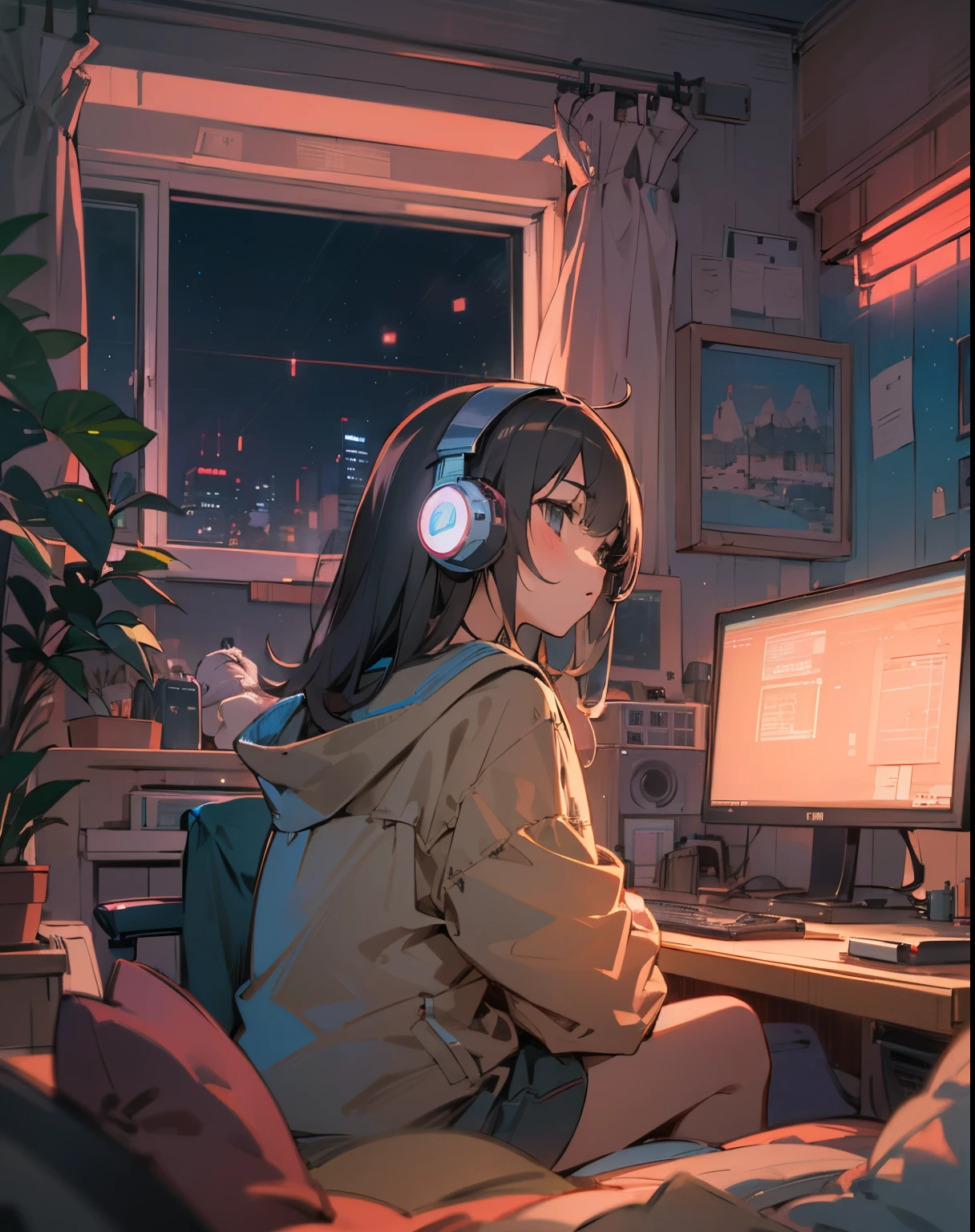 anime girl sitting in front of a computer in a cozy bedroom, girl listening to music in a cozy room at night, using headphones, in a rooftop, (warm lights), 2D anime style, Lo-fi, highly detailed, Hard disk, anime style mixed with fujifilm, hyper realistic, 8k, Masterpiece