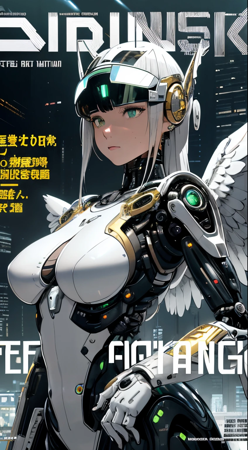 masterpiece, (best quality), (ultra-detailed), (ultra-realistic:1.2), landscape, sci-fi, transistorpunk, cyberpunk, biopunk, (magazine cover:1.4), (gray, white), female huge robot, visor, earring, mechanical angel wings on the back, angel wings, future town, dynamic pose, dynamic angle, small breasts, luxury, (gold, silver, green), neon