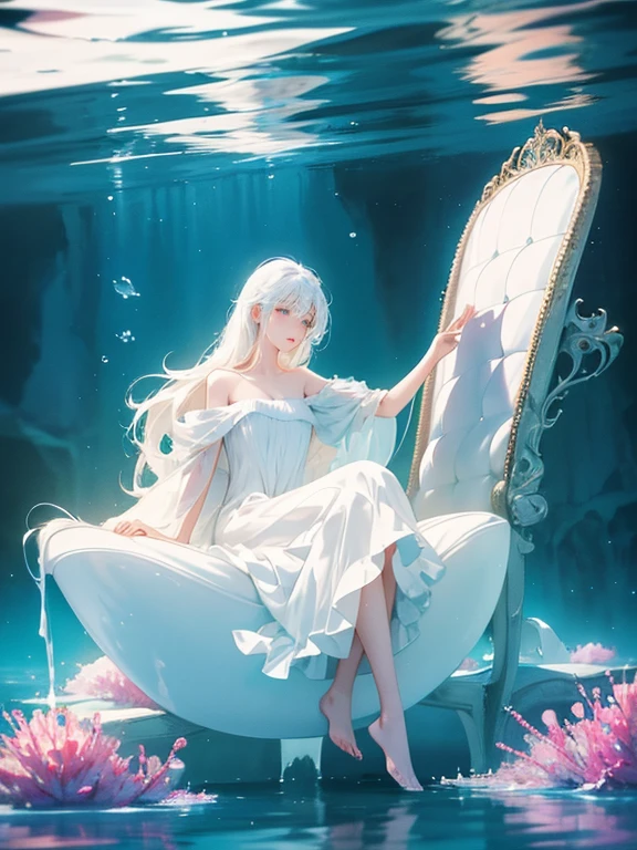 There a woman in a white dress floating in the water, Floating under the lake, floating under water, float and drown, dreamy surreal, Beautiful digital artwork, sitting in his throne underwater, stunning digital illustration, float in the water, dreamlike digital painting, Surreal digital artwork, 3d render digital art, A beautiful artistic illustration, dramatic floating pose