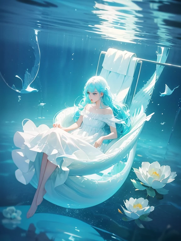 There a woman in a white dress floating in the water, Floating under the lake, floating under water, float and drown, dreamy surreal, Beautiful digital artwork, sitting in his throne underwater, stunning digital illustration, float in the water, dreamlike digital painting, Surreal digital artwork, 3d render digital art, A beautiful artistic illustration, dramatic floating pose