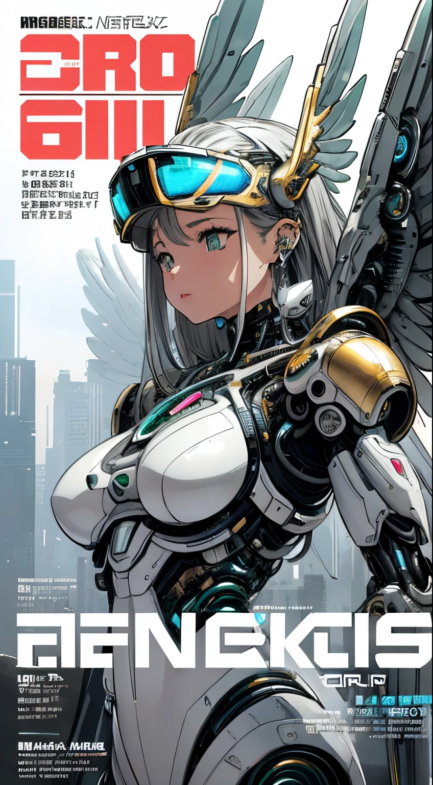 masterpiece, (best quality), (ultra-detailed), (ultra-realistic:1.2), landscape, sci-fi, transistorpunk, cyberpunk, biopunk, (magazine cover:1.4), (gray, white), female huge robot, visor, earring, mechanical angel wings on the back, angel wings, future town, dynamic pose, dynamic angle, small breasts, luxury, (gold, silver, green), neon