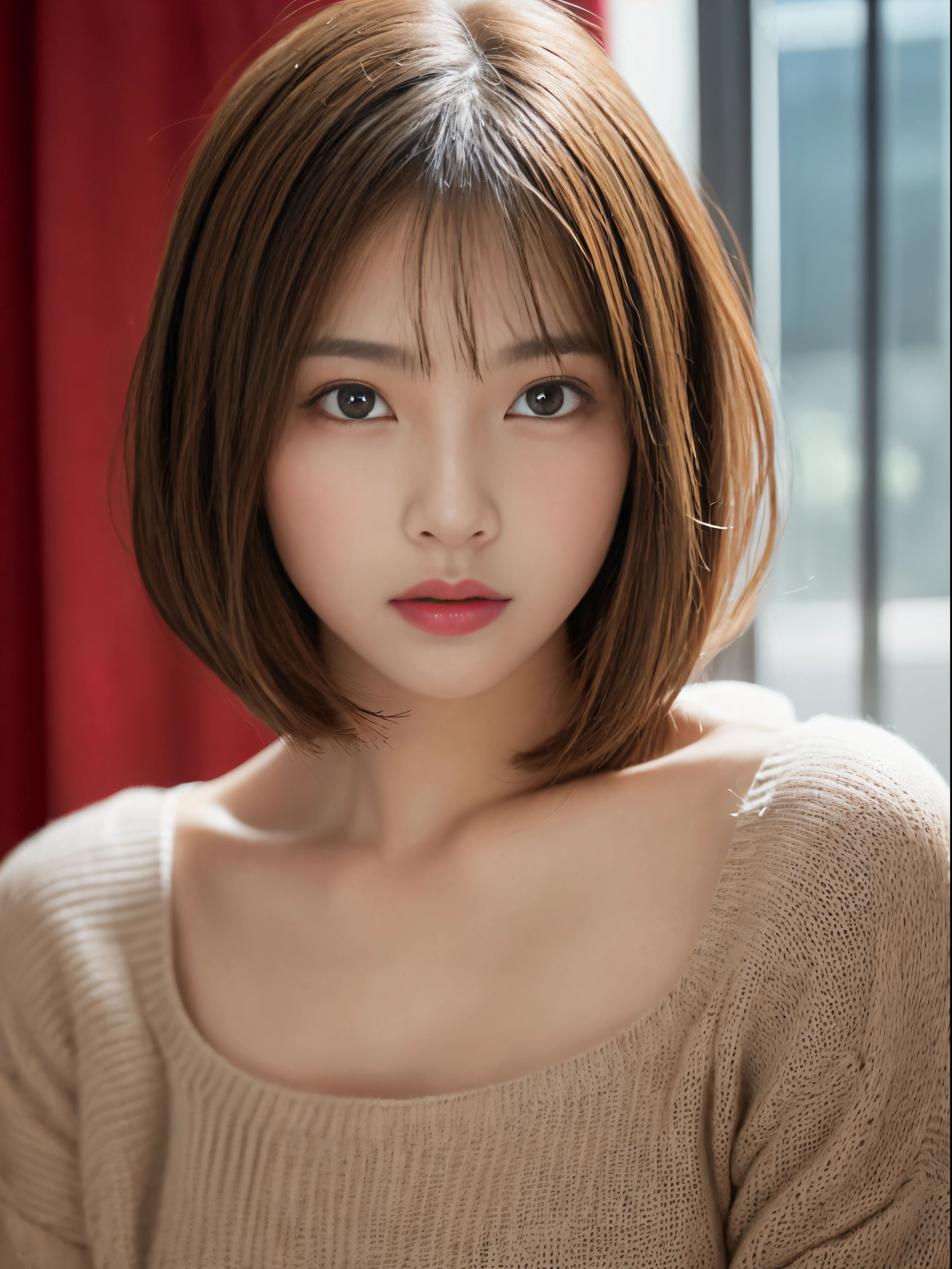 ((NSFW))、(​masterpiece:1.5)、(8K)、(Photorealsitic:1.5)、Raw photography、(Top image quality:1.4)、(foco nítido:1.5)、
top-quality、​masterpiece、超A high resolution、Perfect dynamic composition、
20 years old、slender、prety woman:1.4、serious facial expression、
In the living room where the morning sun shines、  
Wearing black knitwear、
light brown hair、bob cuts、Glowing hair、
Super Detail Face、A detailed eye、二重まぶた、
Natural Color Lip、Transparent skin、