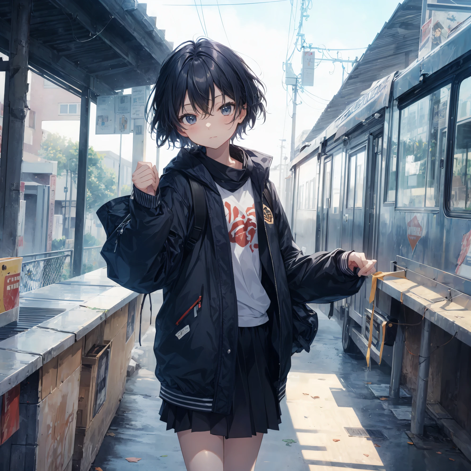 Top quality by creator God, Ultra-detailed, anime moe art style,Best Anime 8K Konachan Wallpapers,Pixiv Contest Winner,Perfect Anatomy, chip,(Draw a girl sleepily walking to school. ),BREAK, 1girl is a cool beautiful girl, (Solo,Lori,child,13years:1.3),a junior high school student, Androgynous attraction, (Center part very short hair), hair messy,Forehead, Full limbs, complete fingers,flat chest, Small butt, groin, Small eyes,Beautiful detailed black eyes,Well-proportioned iris and pupils,disgusted eye, School uniform, Skirt,On the way to school. BREAK,High resolution,super detailed skin, Best lighting by professional AI, 8K, Illustration,