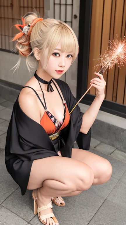 , masutepiece, of the highest quality, Hi-Res, One girl, Blonde, Medium Hair, Asymmetrical hair, Floating hair, hair between eye, High Ponytail, side locks, Hair Ornament, Fish hair ornament, tassels, Kanzashi, Bangs, Orange Eyes, opening, Smile, 牙, Only the upper teeth, Choker, Red choker, Pendant Choker, Butterfly Choker, 鎖骨, The tattoo, Chest Tattoo, Flower tattoo , cleavage, medium breasts, thighs thighs thighs thighs, bandaged, Bandaged Legs, sarashi, Budget Sarashi, Breast sarashi, Black belt, Underwear, broom , Kimono, Drawstring, Obi, Obiage, Obi tightening, Orange kimono, Pouch, Patterned kimono, noose, Obi, Surena, Short kimono, One shoulder, eyesight (Genshin), East Asian Architecture, cherryblossom, Whole body, Squatting, sparklers, Night, Fireworks, Holding fireworks, legs crossed, Feet, gloves, 1 pair of fingerless gloves, wristbands, Black socks,
