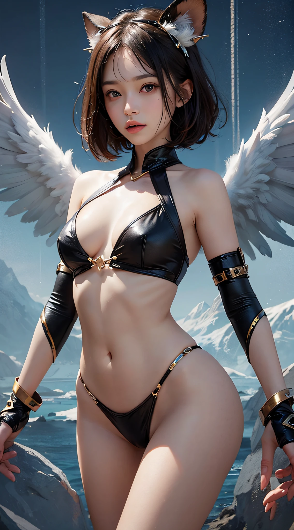 (a closeup:1.4)、(Raw photography:1.2)、(Photorealsitic:1.4)、(masterpiece:1.3)、(top-quality:1.4)、(Beautiful woman with perfect body:1.4)、独奏、7headed body、(cute face)、(kawaii:1.2)、(FULL BODYSHOT)、(middlebreasts:1.3)、(beautifully detailed eyes)、(charming big eyes)、(beautiful double eyelid)、(beautiful and detailed face)、(short-hair:1.2)、(Fantasia、Magic Effects、summoner:1.3)、(Angel wings:1.2)、heavy wind、see -through、Wet、short-hair、Dark hair、A slender、Small buttocks、beauty legs、Skinny Legs、surrealism、Cinematic lighting、depth of fields、One-person viewpoint、nffsw、masutepiece、ccurate、(perfect anatomia:1.2)、Textured skin、Super Detail、high details、hightquality、Best Quality、hight resolution、in 8K、