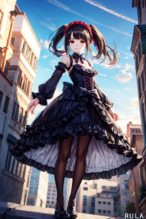 ((full body)), ((full pose)), kurumitokisaki, tokisaki kurumi, clock eyes, black hair, twintails, (red eyes:1.2), (yellow eyes:1.3), heterochromia, (small breast:1.3), smile, BREAK hairband, dress, bow, ribbon, gothic fashion, gothic, BREAK looking at viewer, BREAK outdoors, city, BREAK (masterpiece:1.2), best quality, high resolution, unity 8k wallpaper, (illustration:0.8), (beautiful detailed eyes:1.6), extremely detailed face, perfect lighting, extremely detailed CG, (perfect hands, perfect anatomy), ((Sky from below:1.4))