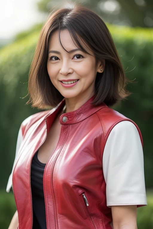 gravure, from the chest up, masutepiece, Best Quality, Ultra-detailed, Photorealistic, super detailed skin, Perfect Anatomy, (1 japanese mature woman), (Solo), sixty years old, (Wrinkles at the corners of the eyes:1.3), Large breasts, A MILF, glamor, A sexy, Chromo-white skin, Looking at Viewer、(((Red leather jacket))),((tshirts)),((JINS)),、Smile