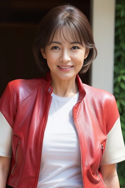 gravure, from the chest up, masutepiece, Best Quality, Ultra-detailed, Photorealistic, super detailed skin, Perfect Anatomy, (1 japanese mature woman), (Solo), sixty years old, (Wrinkles at the corners of the eyes:1.3), Large breasts, A MILF, glamor, A sexy, Chromo-white skin, Looking at Viewer、(((Red leather jacket))),((tshirts)),((JINS)),、Smile