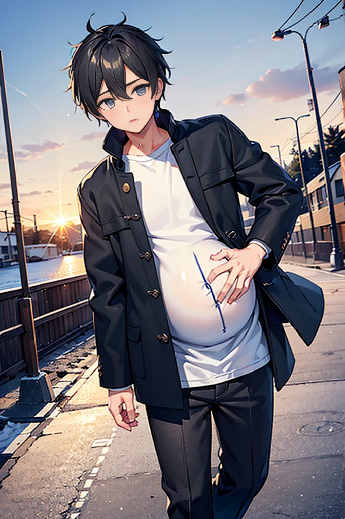 (layered clothes:1.4)、creation、dust particles、smooth anime cg art、(Winter clothes,cold winter wind)、Confused expression of sexual excitement、(((Cool college-style boys)))、Without warning, cool guys got pregnant with their own sperm.。 A boy-only town where many boys get pregnant。