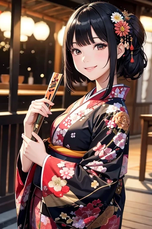 Smiling black-haired girl wearing a kimono enjoying the New Year