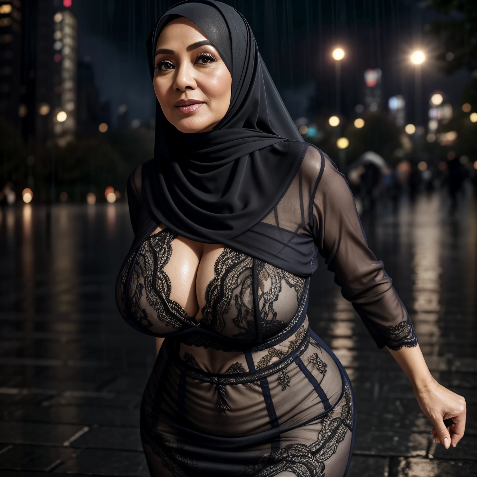 56 years Old, Indonesian Hijab milf, Ultra Droopiest gigantic saggiest longest mature tits : 96.9, wearing tight Lace Gamis, Wearing Tight Bra, Her bra cannot cover her Gigantic breast, Busty body, Wet body, rainy atmosphere, heavy rain, at central park, full body, gravure Idol, Cold Situation