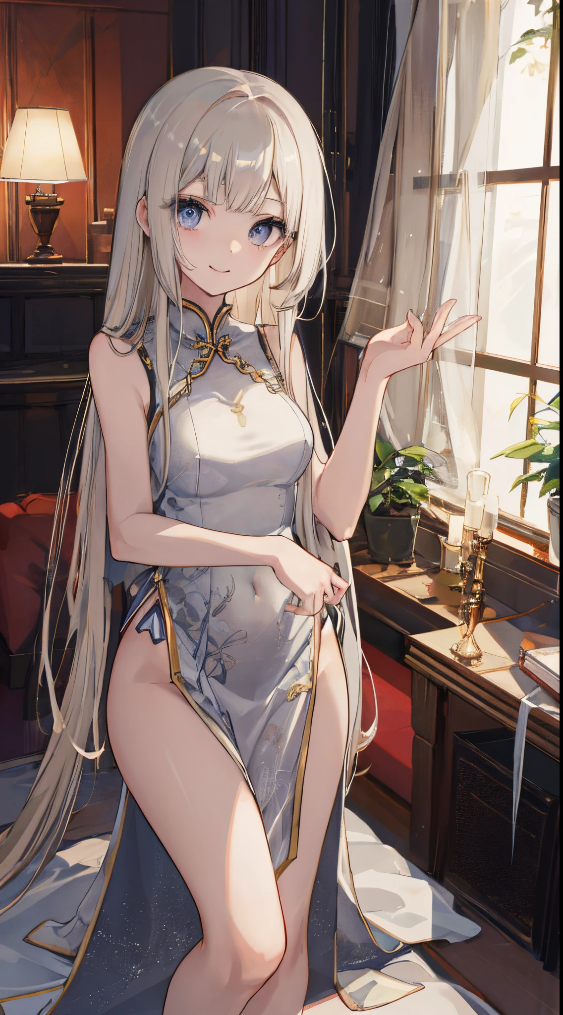 top-quality、realistic touch,high-detail、photoRealstic、long body、thin-waist、captive beauty、big eye、Strong platinum blonde eyelashes、platinum-blond、full body Esbian、Sparkling eyes、Submissive smile、Flushed cheeks、Kamimei、thin-waist、Voluptuous thighs、Enraptured look、Raked bangs、The forehead is protruding、Tight chinese dress、sleeveless、Inside a room、She isn't not wearing panties、wide slit in clothing、is standing