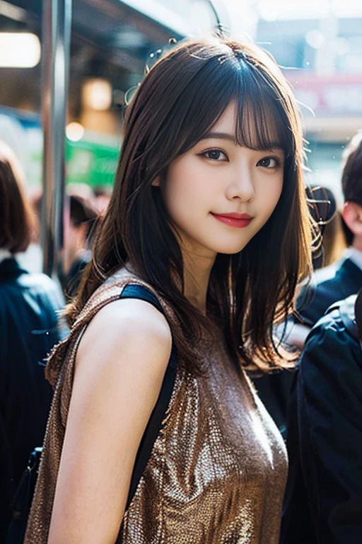 (8K、Raw photography、top-quality、masterpiece:1.2)、(realisitic、Photorealsitic:1.37)、ultra-detailliert、超A high resolution、女の子1人、see the beholder、beautifull detailed face、A smile、Constriction、(Slim waist) :1.3)、short-cut、Beautiful detailed skin、Skin Texture、Floating hair、Professional Lighting、Wait for the platform train、Square glasses with black rimming 、Whole human body、Brown hair