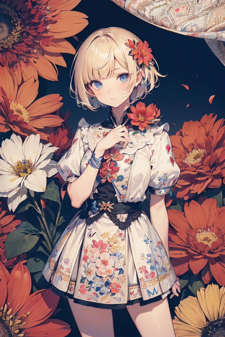 absurdres, highres, (extremely detailed fine touch:1.3), ///, girl, light blonde (super very short hair:1.3) (parted bangs:1.3), mixed media, diverse materials, unexpected combinations, creative exploration, vibrant composition, (zentangle:1.3), (flower:1.3), red blue