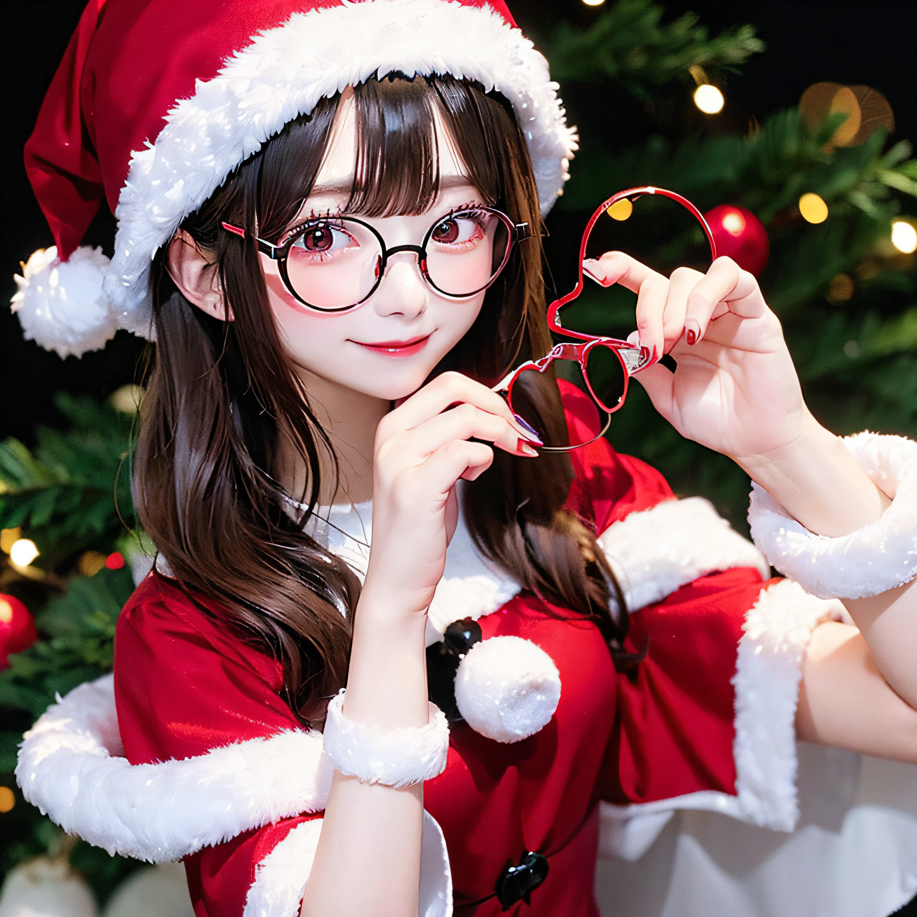 Female witch woman dressed as Santa Claus、Kaiser beard style 20&#39;s、Round glasses with frames only、Smiling happily、cheeks are reddish、Wearing a red miniskirt、Fir tree with many decorations in the background、