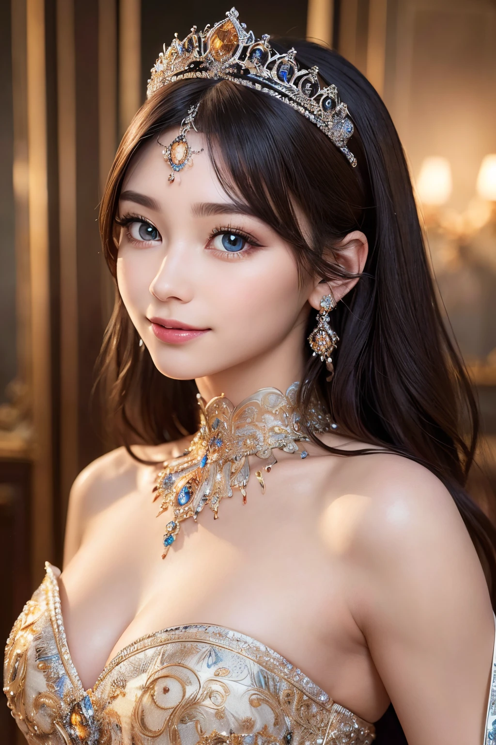 (best quality, 8K, masterpiece)), ultra detailed, sharp focus, ((ultra realistic photo)), 1 beautiful woman, 18yo, elaborate design dress, gorgeous jewery, tiara, highly detailed face and skin texture, ((detailed eyeeautiful eyes:1.4)), (smile:1.15), (closed mouth), three-quarter length