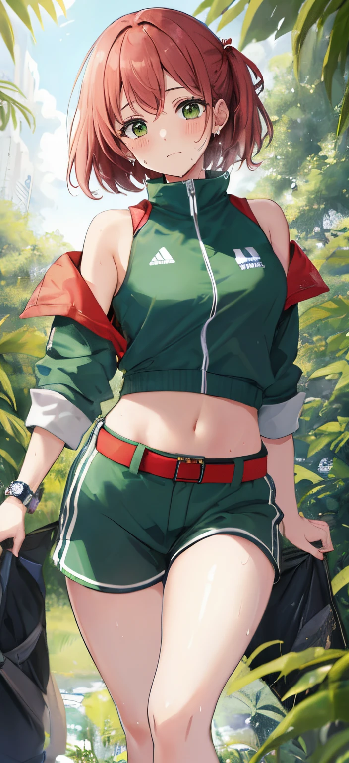 (tmasterpiece:1.2, Best quality), actual, (Real pictures, Complicated details, depth of fields), tmasterpiece, Best quality, A female explorer with short red hair stands in the African jungle, Close-up of woman wearing green tight top and dark green shorts, Translucent top, Sash, thicc, Thin waist and thick hips, Fair skin, , Crazy expansion, Larger than shoulder blade, Hourglass figure, Pelvis larger than shoulder blades, Fitness model, Ruddy cheeks, breath through, drenched all over the body, the clothes are soaked, sweaty, Shy and nervous expression