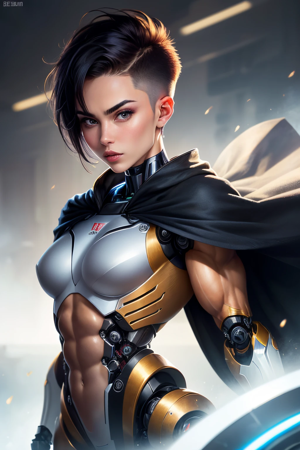 A female robot full robotic muscles body with Russian girl head, a sexy young Russian face woman ((close camera angle)), ((red buzz cut hair)), ((right part hair)),((only top hair white)), Russian face, very muscular, soulless face, Russian girl face, (small black Cape), sassy poses, rebellion, very realist, Extremely muscular biggest muscles ifbb pro girl bodybuilder, ((lower than neck all robotic)), ((very detailed face)), close shot portrait, 30 years old face.
