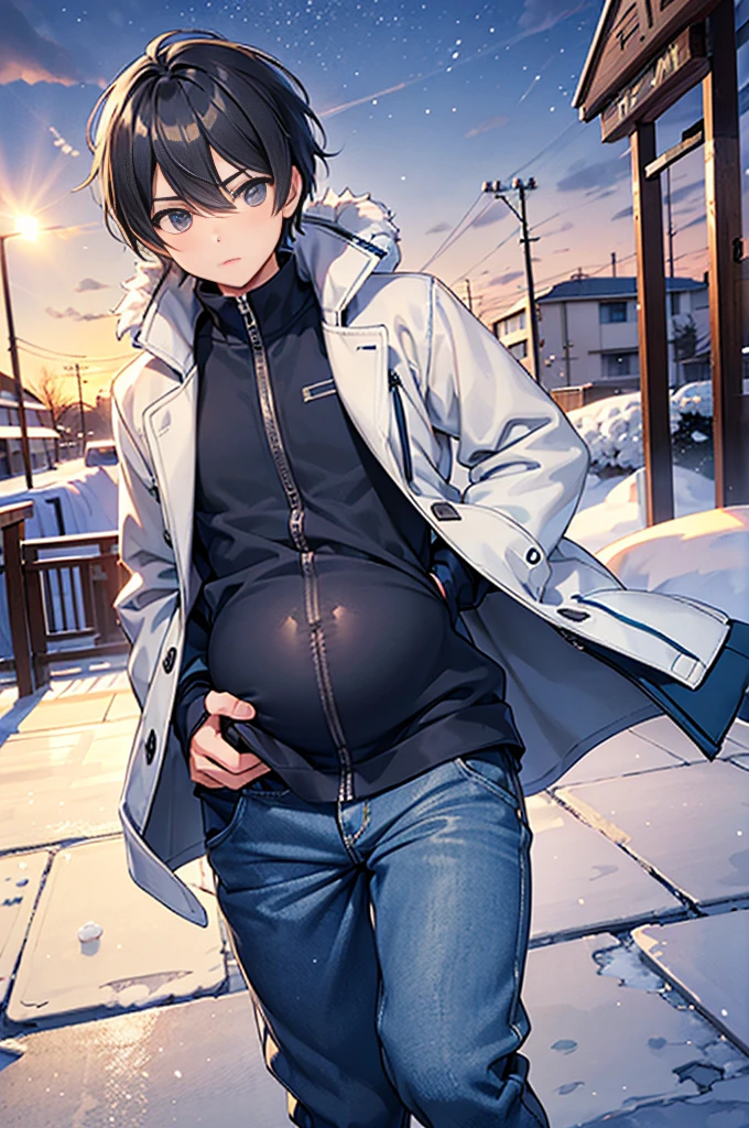 (layered clothes:1.4)、creation、dust particles、smooth anime cg art、((Winter clothes,cold winter wind))、Confused expression of sexual excitement、(((Cool college-style boys)))、Without warning, cool guys get pregnant with their own sperm.。 A boy-only town where many boys get pregnant。skinny body
