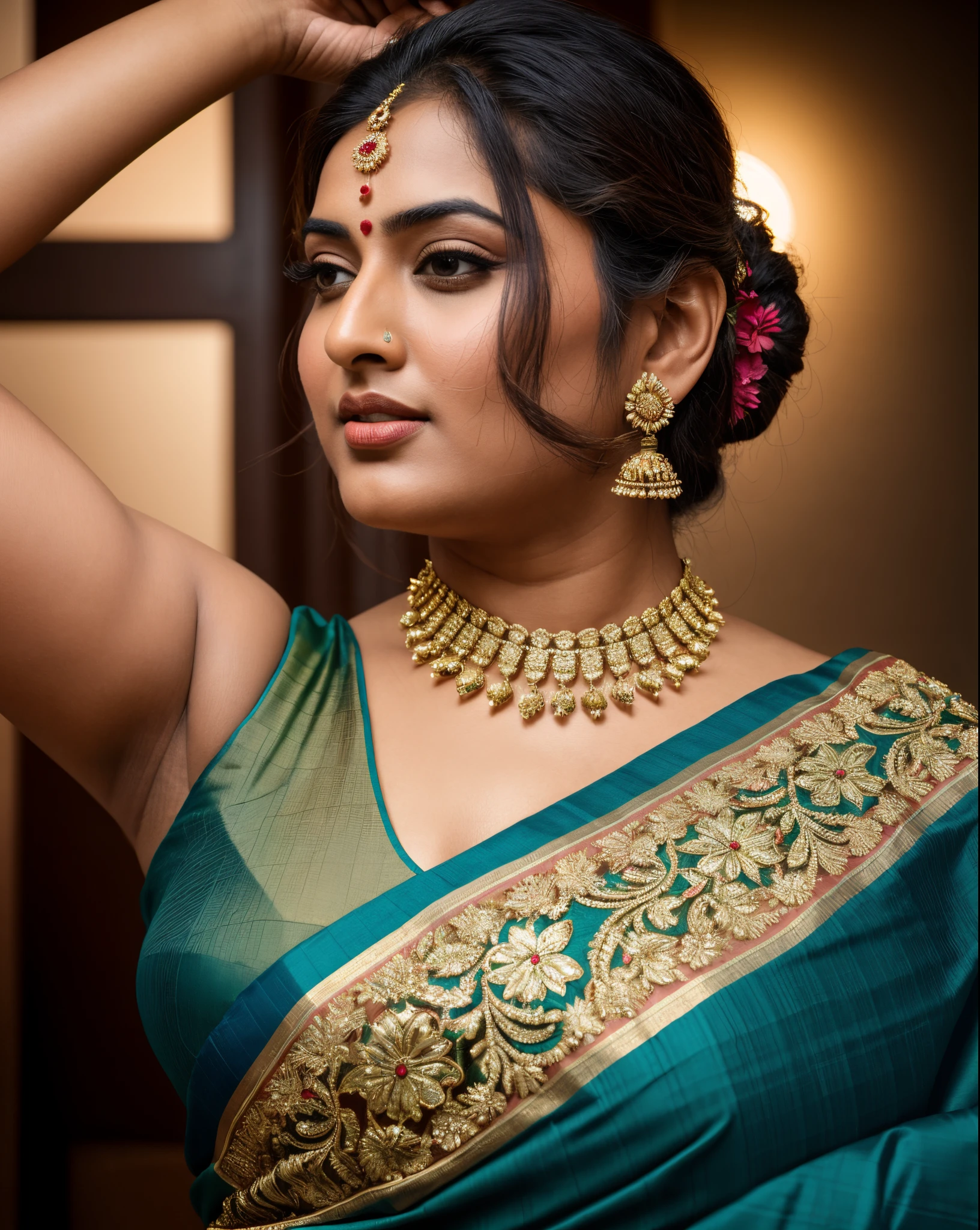 Foto RAW, photorealistic, photography, full body shot, master shot, goddess like beauty, perfect thick chubby mallu Desi aunty bhabhi, Wearing a Stanapatta, a chest-band.Saree model, model Photography, Indian saree shoot, Indian traditional wear advertising photography, traditional wear brand shoot, face of Indian actress Sonakshi Sinha, masterpiece, realistic, realism, incredible details,  pleasure, photorealism, detailed skin, skin pores, high contrast, photorealistic Artstation 8k HD digital art trend of high definition and detailed realistic skin texture, ultra detail, realistic skin texture, armature, best quality, ultra high definition, (photorealistic:1.4),, high resolution, detail, raw photo, Re sharp, by Lee Jefferies Nikon D850 Film Stock Photo 4 Kodak Portra 400 Camera F1.6 Lens Rich Color Ultra Real Realistic Realistic Textures Dramatic Lighting Unreal Engine Trending at Art Station Cinestill 800,(pele altamente detalhada: 1.2), 8k UHD, DSLR, soft-lighting, alta qualidade, grain of film, Fujifilm XT3,she didn't like to wear blouse or bra, she  happy to wear only saree, she hates blouse or bra, detailed hairy armpits,