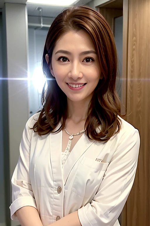 shopping mall、long Brond Hair、brown-eyed、1 milf、(((sixty years old)))、physician、Stethoscope on neck、a smile、innocence、100mm lens、(Photorealsitic、lensflare:1.4)、looking at the viewers、(shinny skin)、doctor、校服、(intricate-detail:1.2)、(masterpiece、:1.3)、(top-quality:1.4)、(超A high resolution:1.2)、超A high resolution、(A detailed eye)、(detailed facial features)、HDR、8K分辨率、(stethoscope)、Far View、reflections on floor、 open cloth