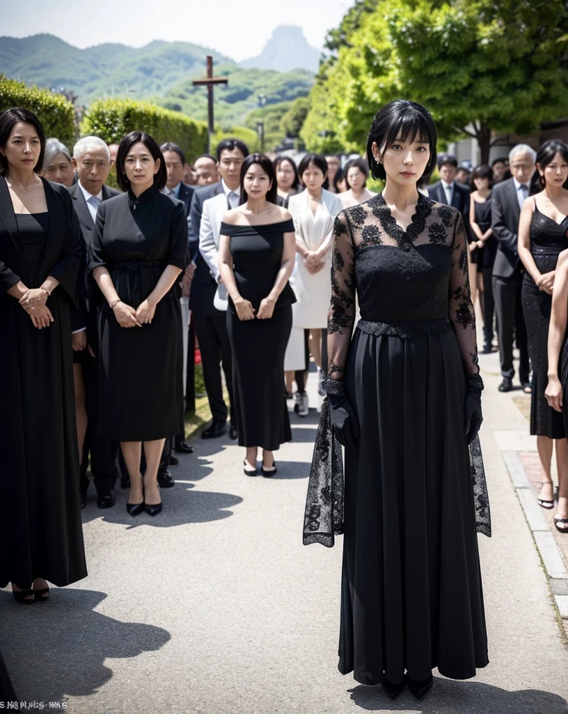 Best quality at best,8K,ultra - detailed,shot from far away,Front Shooting,Japanese middle-aged widow,with short black hair,35yo,dark lipstick,Heavy makeup，There  a mole in the corner of the left eye,Wearing black mourning clothes,Wear black gloves,looking at the camera in,Above thighs，standing next to the coffin,Hands on the coffin，real looking skin,long slim figure,(tmasterpiece),(hyper HD:1.0),(Exquisite),(church funeral),(8K,high high quality),jpn,In the background are men attending a funeral,Express sadness)