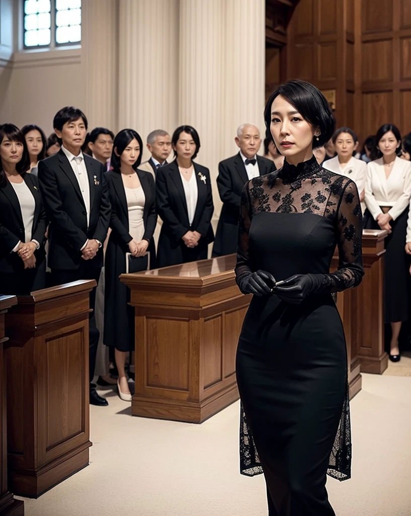 Best quality at best,8K,ultra - detailed,shot from far away,Front Shooting,Japanese young widow,with short black hair,dark lipstick,Heavy makeup,There a mole in the corner of the left eye,Wearing black mourning clothes,Wear black gloves,looking at the camera in,Above thighs,standing next to the coffin,Hands on the coffin,real looking skin,long slim figure,(tmasterpiece),(hyper HD:1.0),(Exquisite),(church funeral),(8K,high high quality),jpn,In the background are men attending a funeral,Express sadness)