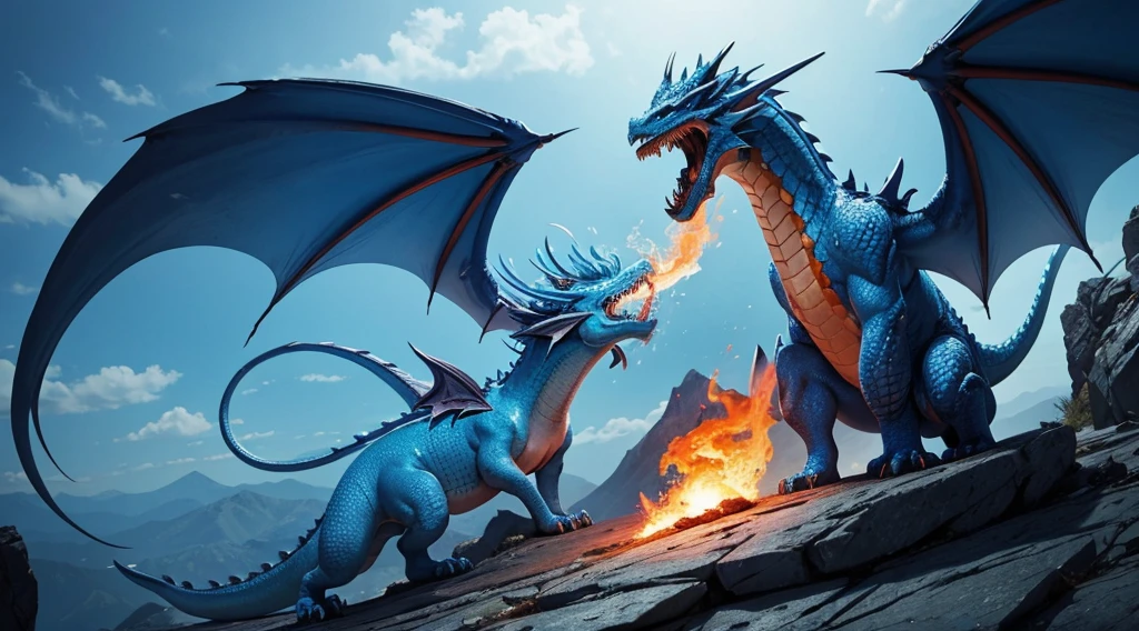 Light blue and orange dragon breathing fire from its mouth on top of a mountain