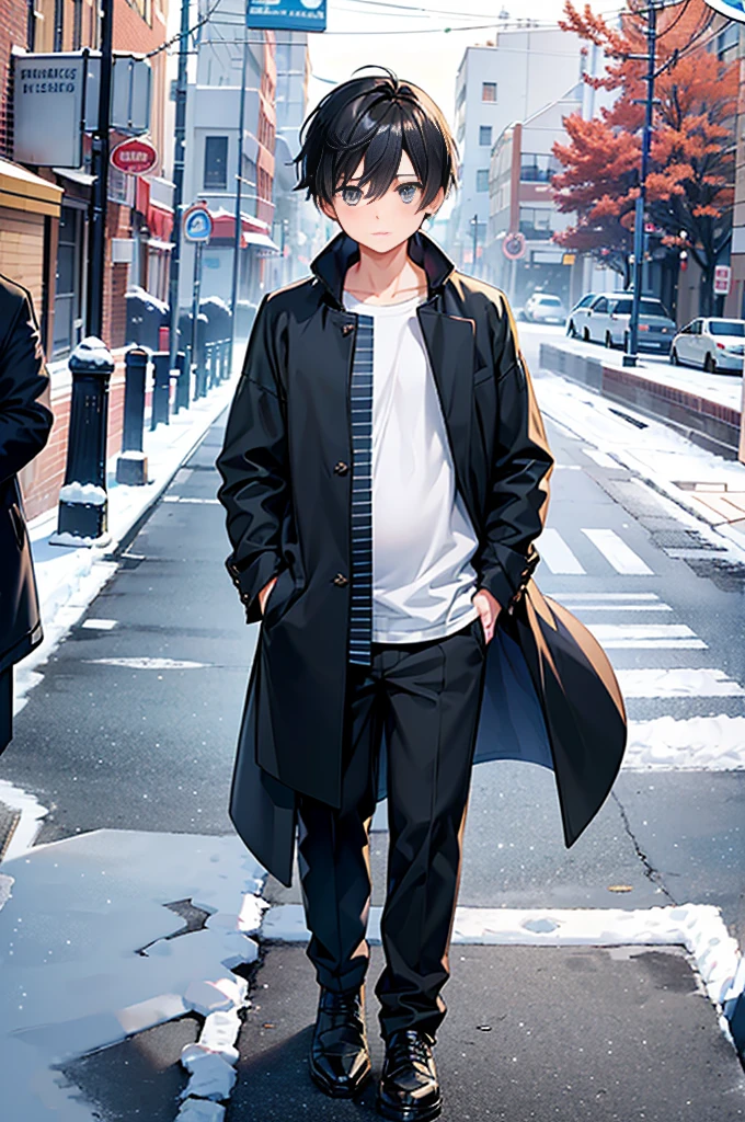 (layered clothes:1.4)、creation、dust particles、smooth anime cg art、((Winter clothes,cold winter wind))、look of confusion and bewilderment、(((Cool college-style boys)))、Without warning, cool guys get pregnant with their own sperm.。 A boy-only town where many boys get pregnant。 skinny  body