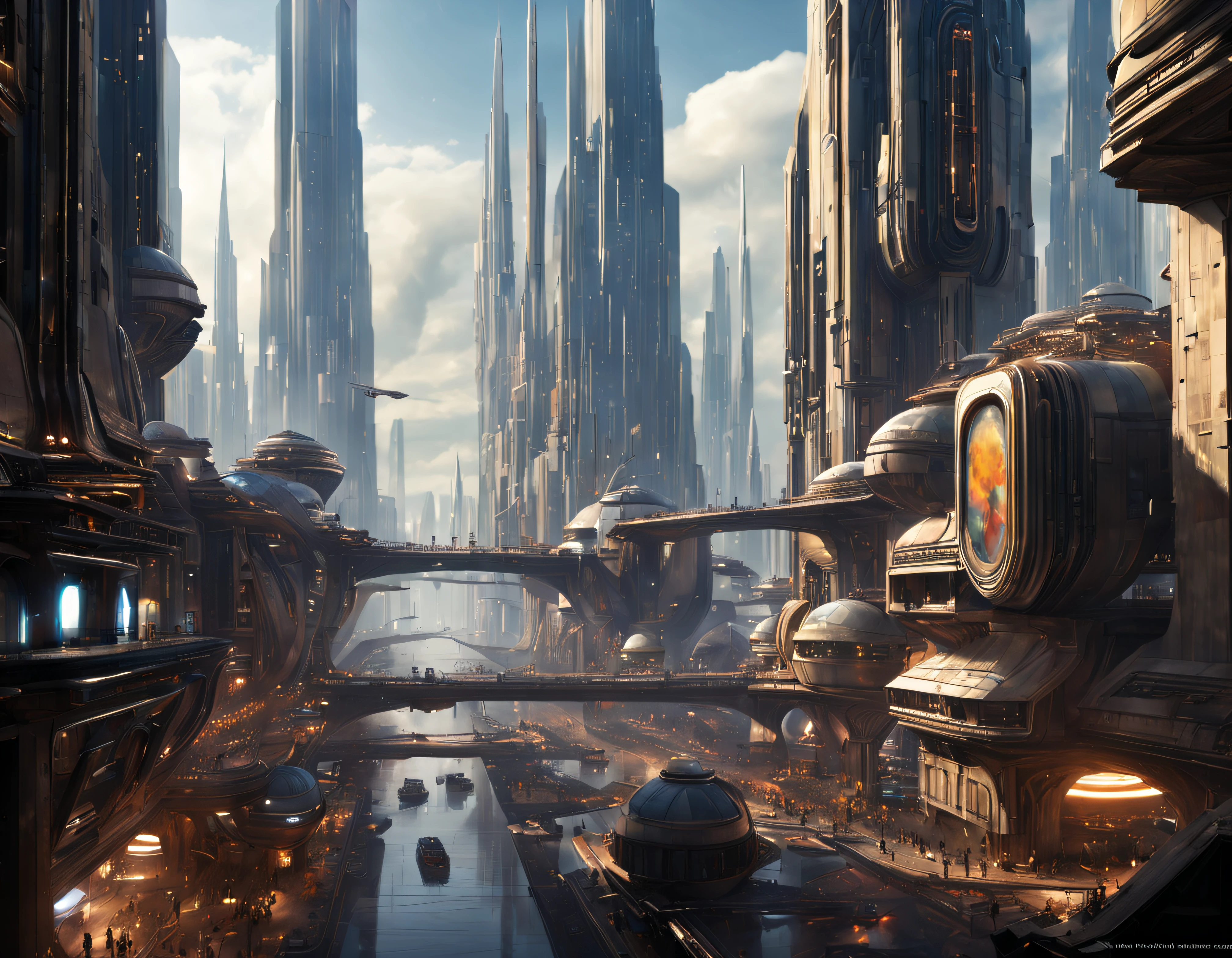 (The city of Coruscant from Star Wars as designed by Doug Chiang), futuristic fantasy city with immense buildings of technological design (que forman una avenida infinita), edificios compactor no difuminados con aspecto metalico, luces en ventanas en edificios, iluminacion diurna con sol, con estructuras acristaladas espectaculares, (con colores vivos). pavimento ensolado (sin brillo). gente paseando. imagen bien definida con muchos edificios juntos. imagen nitida bien definida 8k. los edificios llegan alta el fondo.,8k. imagen cinematografica