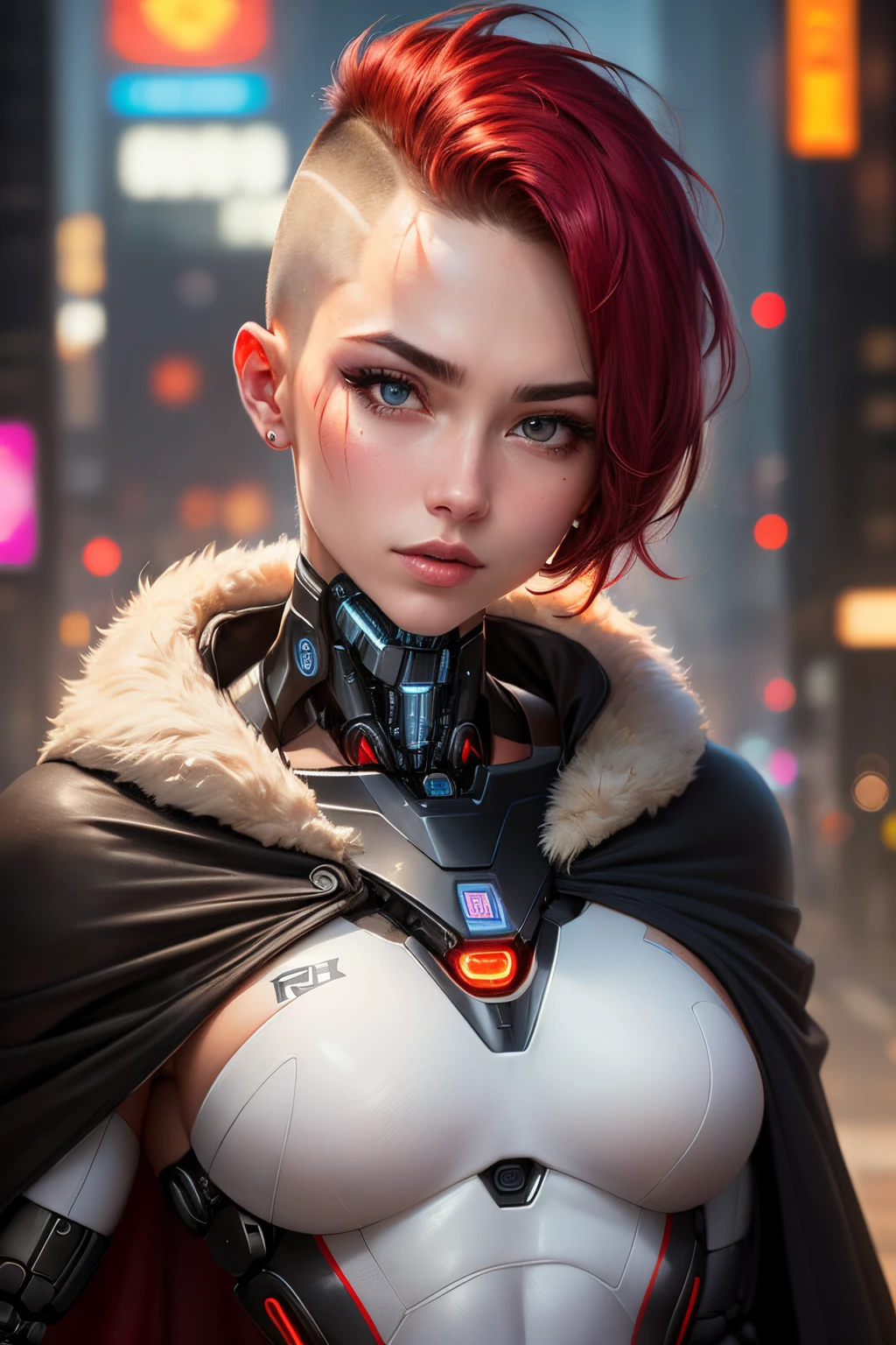 A female robot full robotic muscles body with Russian girl head, a sexy young Russian face woman ((close camera angle)), ((buzz cut hair)), ((right part hair)),((two hair dye white dyed top and red dyed side)), Russian face, very muscular, soulless face, Russian girl face, (small black Cape), sassy poses, rebellion, very realist, Extremely muscular biggest muscles ifbb pro girl bodybuilder, ((lower than neck all robotic)), ((very detailed face)), close shot portrait, 30 years old face, In cyberpunk city.