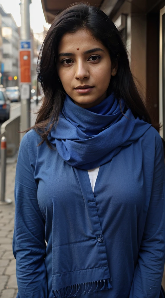 arafed woman with a blue shirt and a blue scarf, this person does not exist, dayanita singh, taken in the early 2020s, taken in the late 2010s, faridah malik, 30 years old woman, & her expression  solemn, 3 0 years old woman, sara ali, 40 years old women, entire body visible