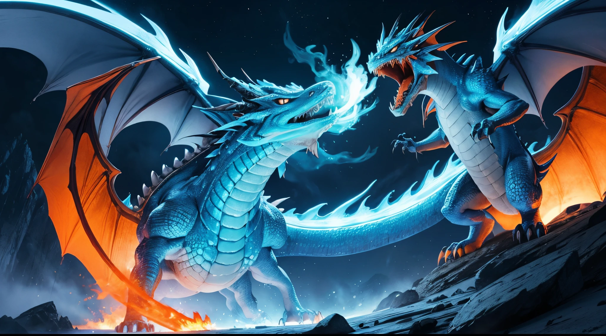 Light blue and orange dragon breathing fire from its mouth on top of a mountain