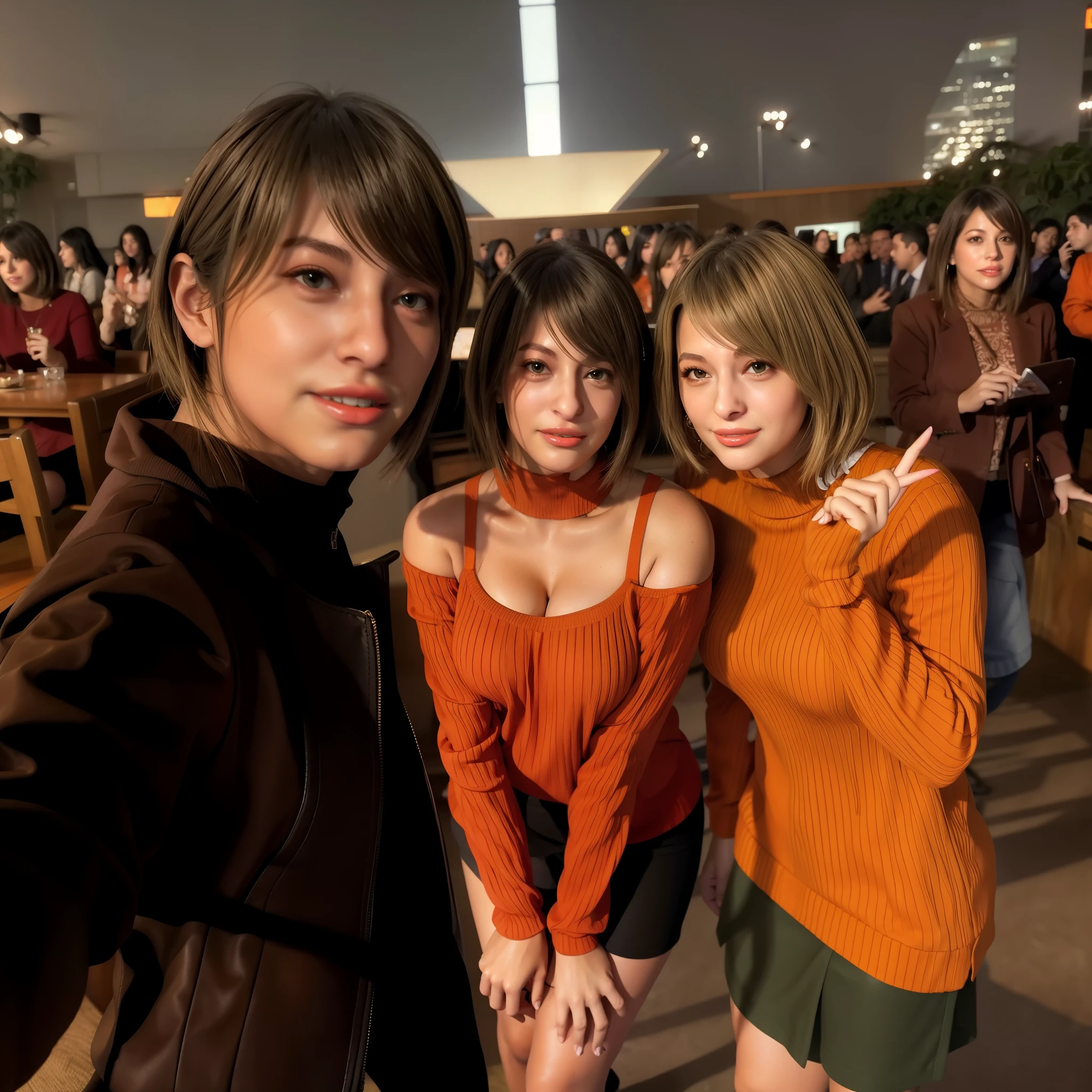 Ashley graham , standing gracefully, selfie style, stylish hand, Orange sweater, smile, brown heeled boots, looking at viewer