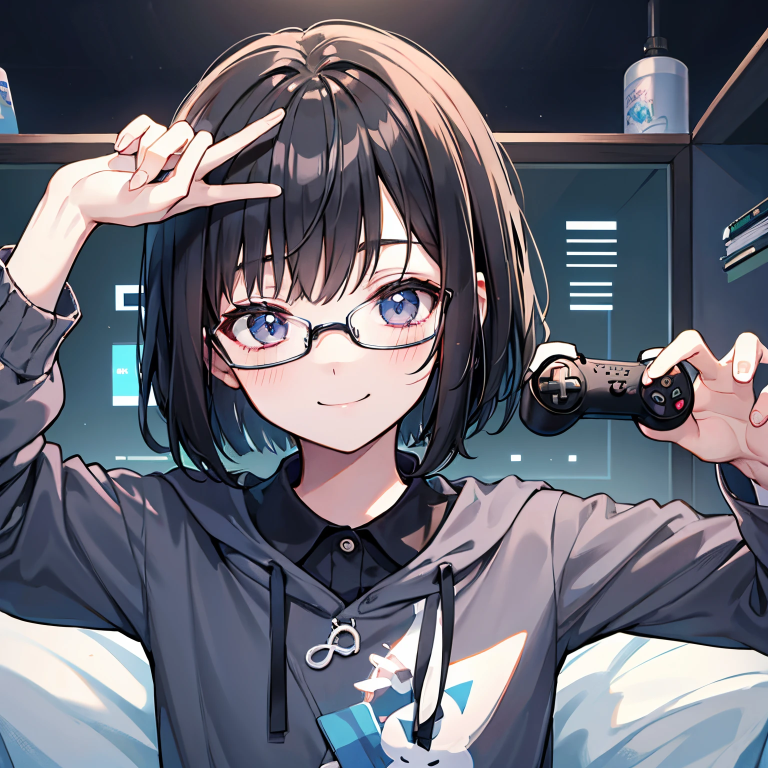 A dark-haired、Bob Style、eye glasses、Facing the front、soio、Soft atmosphere、A slight smil、I have a game controller