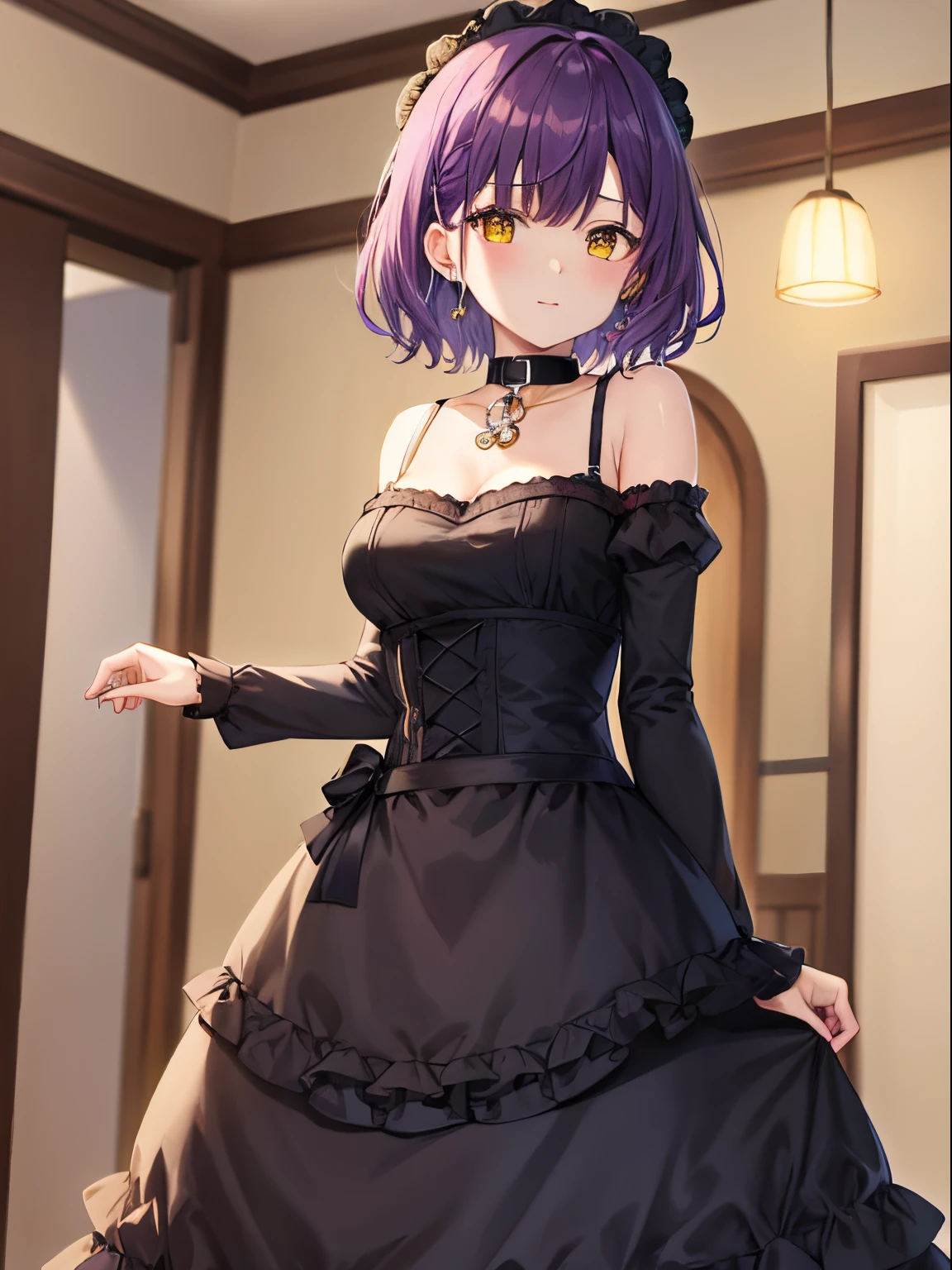 top-quality、(​masterpiece:1.2)、独奏、ighly detailed、1 girl in、party venue interior、Beautiful short hair、purple color  hair、Beautiful purple hair、cute goth loli、Standing、Yellow eyes Beautiful shining yellow eyes、Kawaii Girl、light blue gothic loli、gothic lolita style light blue dress、Light blue one-piece dress、White collar、A cute girl no matter who looks、８K image、panty dress