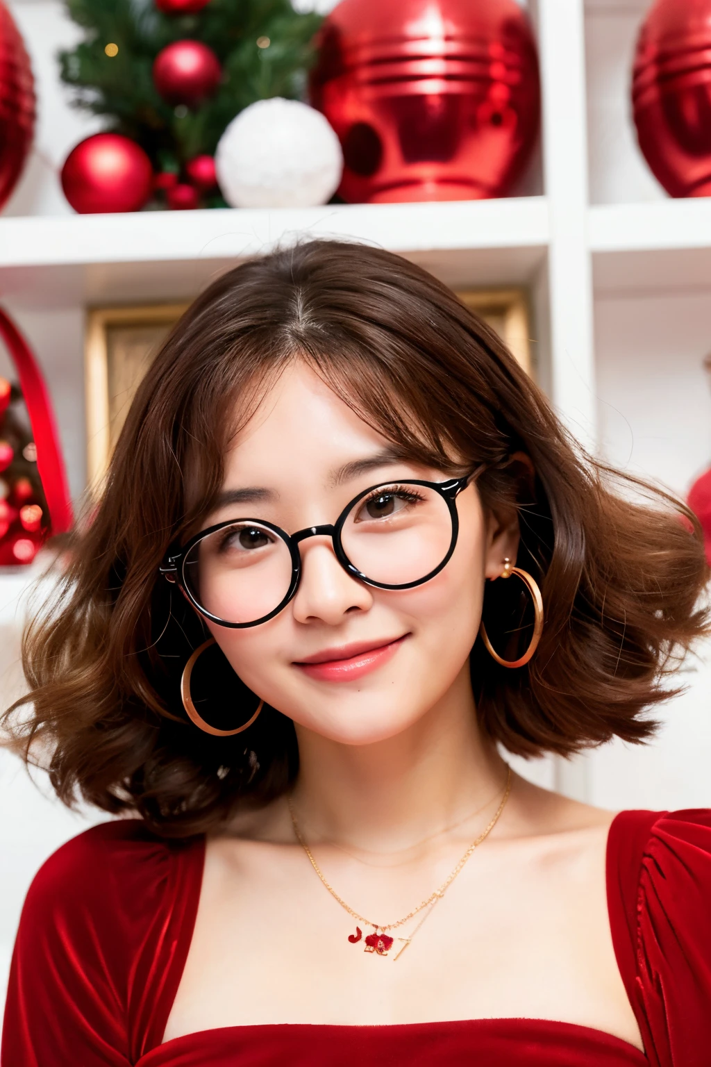 Adults、Beautuful Women、Black-rimmed round glasses、Red dress、Christmas、Brown hair、perm、piercings、a necklace、smil