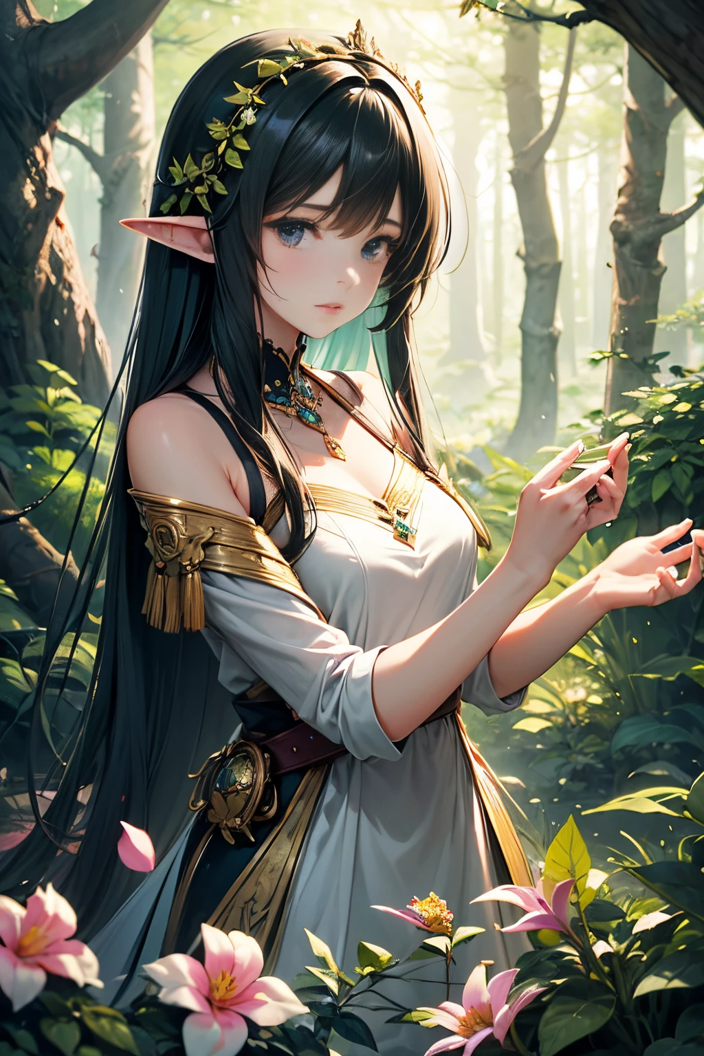 Art Styles: Fantasy, SurrealismArt Inspirations: Art Station, Dribble, BehanceCamera: Medium ShotShot: FrontRender Related Information: High resolution, detailed, soft lighting Description: A magnificent forest serves as the backdrop for a captivating female elf, surrounded by towering trees adorned with shimmering leaves in a mesmerizing array of rainbow colors. The gentle sunlight pierces through the dense foliage, casting warm beams that dance upon the mossy forest floor. The air is filled with the intoxicating fragrance of exotic blossoms and fresh foliage.