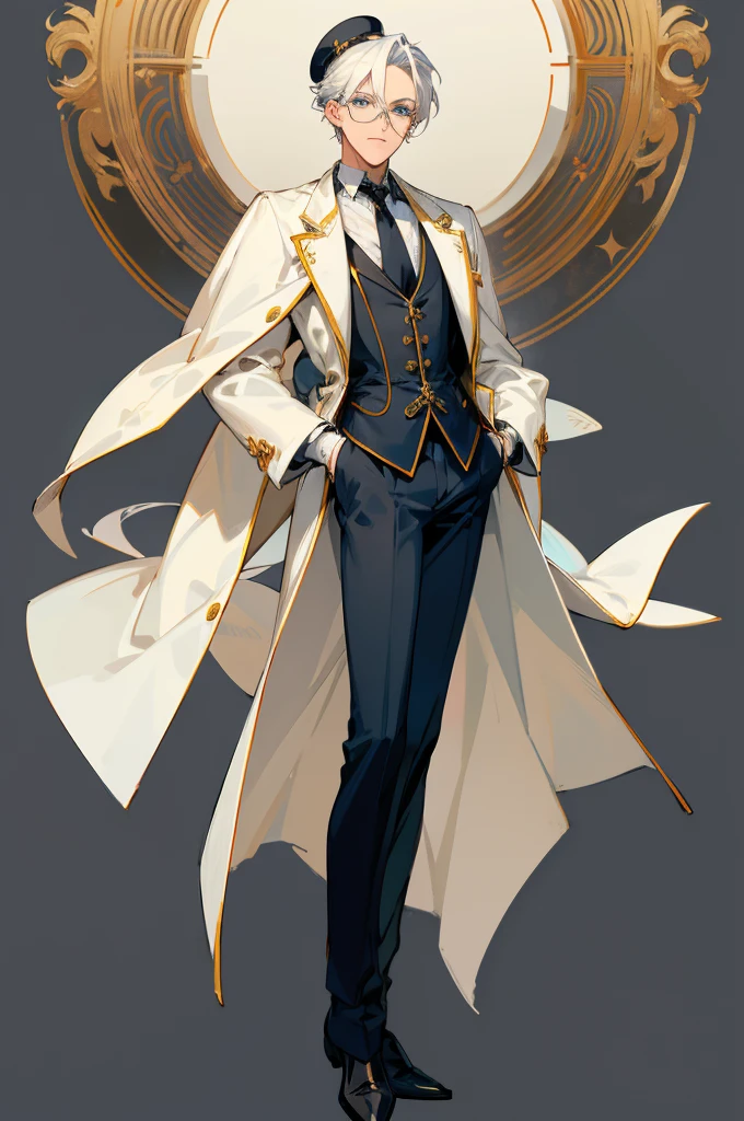 Nikkei 2D,light toned,character design,gentleman's full body design suit,European aristocratic style,full body concept art,blue color eyes,The details of the eyes are super exquisite,Handsome white-haired man,Western-style dress,white hair boy,Gold wire rimmed glasses,s the perfect face,vertical drawing design,the only person,White coat,Gray vest