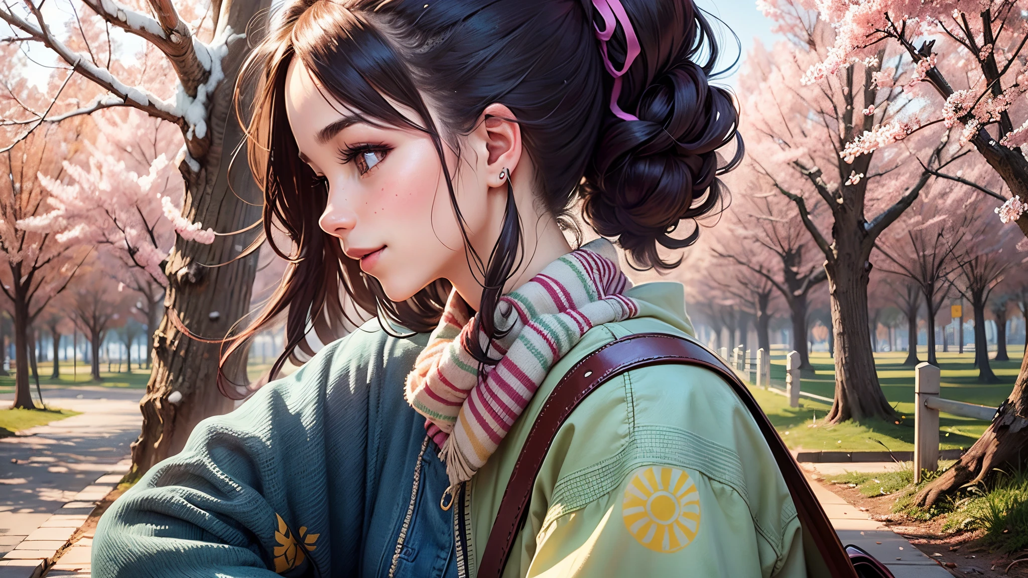 普娜娜: ● Body: Prunana  a ite girl with a moderately slender build. ● Face: She boasts a radiant smile, large and luminous eyes, slightly curved eyebrows, plump cheeks, and a sweet, gentle smile. ● Hairstyle: Her hair  long and silky, possibly brown or black, styled in a  ponytail or cascading over her shoulders. ● Attire: Prunana wears comfortable and minimalist clothing, perhaps a T-shirt adorned with books or mathematical symbols, paired with jeans and comfy sneakers.[2] = Prunana, depicted with vibrant eyes reflecting curiosity, her ponytail gently swaying in a breeze, donning a T-shirt adorned with intricate mathematical equations, sunlight casting a warm glow on her cheerful demeanor. [3] = Set in a quaint park surrounded by blooming cherry blossom trees, Prunana sits on a bench engrossed in a thick book, creating an idyllic environment resonating with tranquility. [4] = The scene exudes a serene and contemplative mood, with a gentle breeze carrying the delicate fragrance of cherry blossoms, fostering a sense of peaceful reflection and intellectual engagement. [5] = Illustration [6] = Executed with digital art, emphasizing fine details in Prunana's expression, clothing, and the surrounding cherry blossom-filled park. --auto --s2